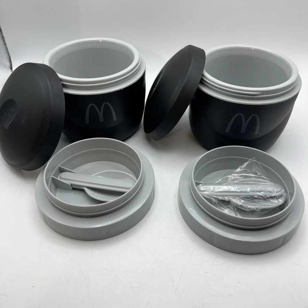 McDonald's Thermos Food Jars w/ Spoons 1 New 1 Used Black Insulated Swag